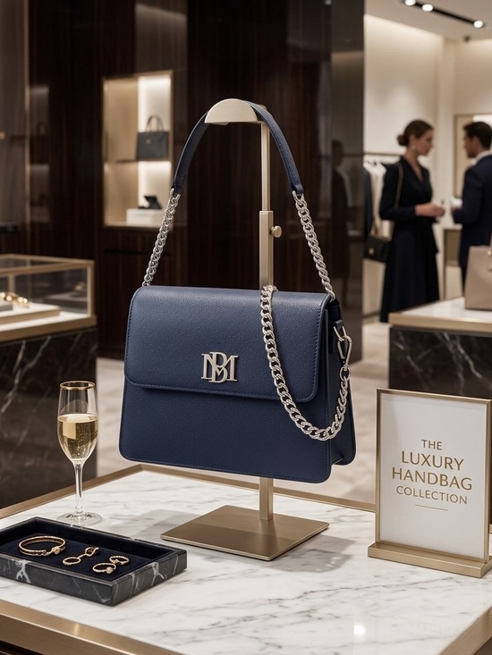 Badgley Mischka Handbags - Badgley Mischka Navy Vegan Leather Shoulder Bag with Silver Chain & Strap NWT